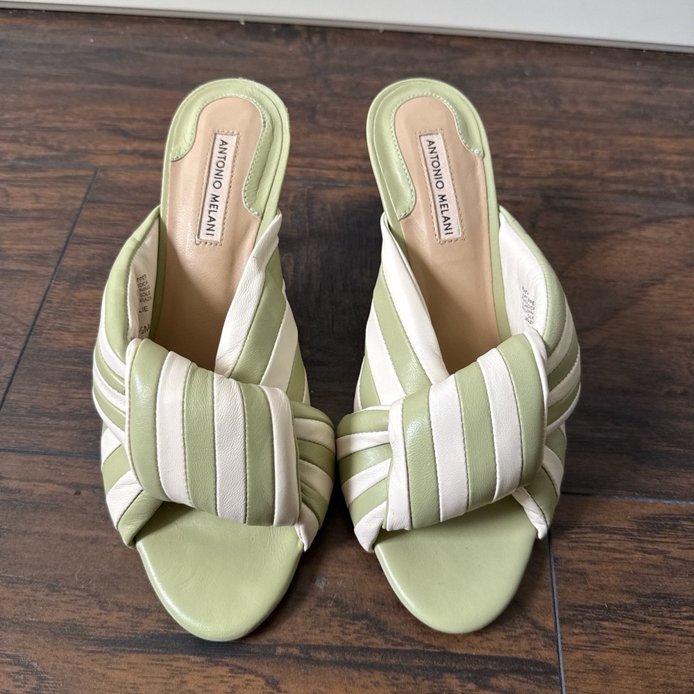 ANTONIO MELANI Striped Green and Cream Mules